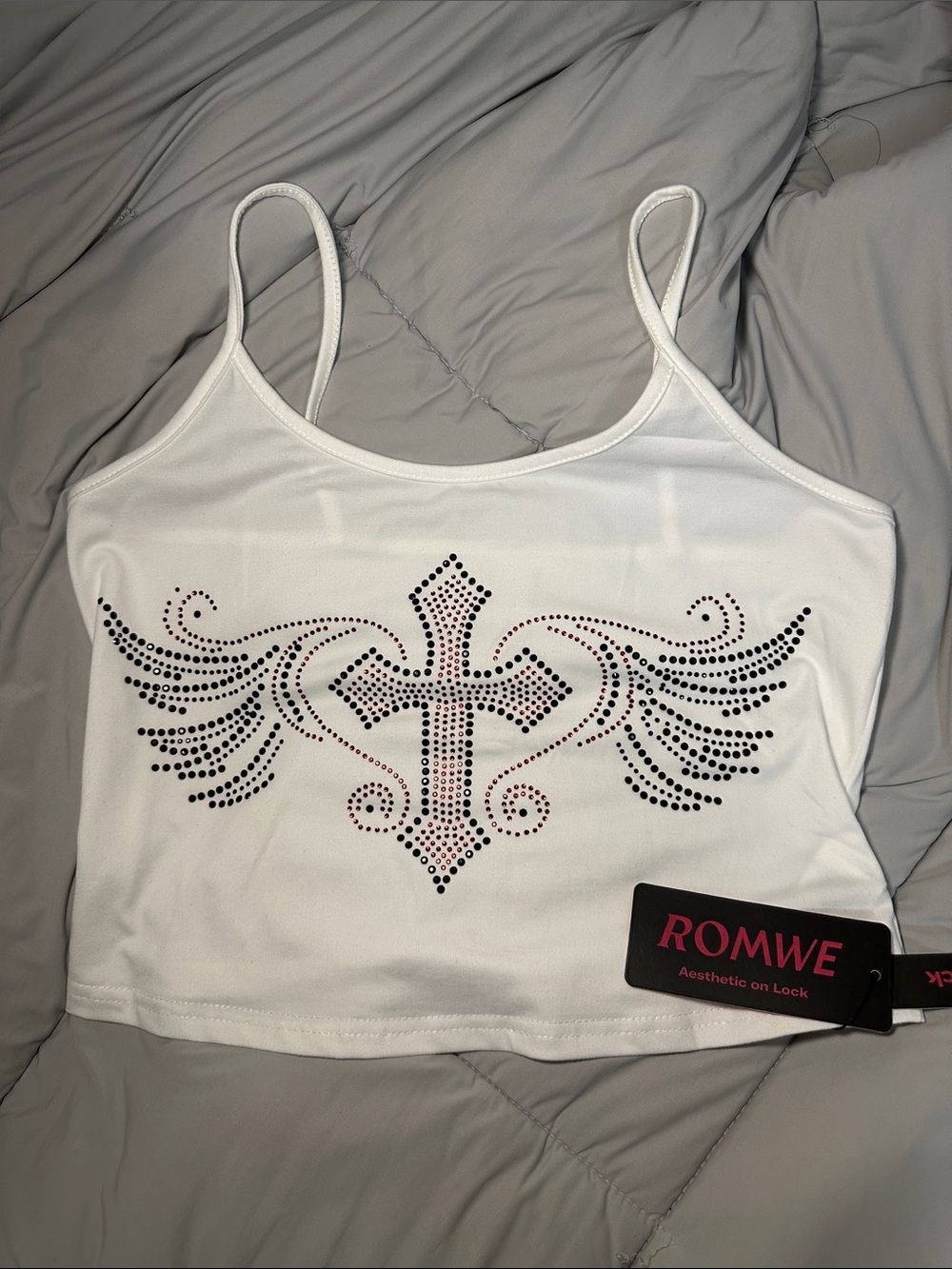 ROMWE White Rhinestone Wing Cross Spaghetti Strap Cropped Camisole